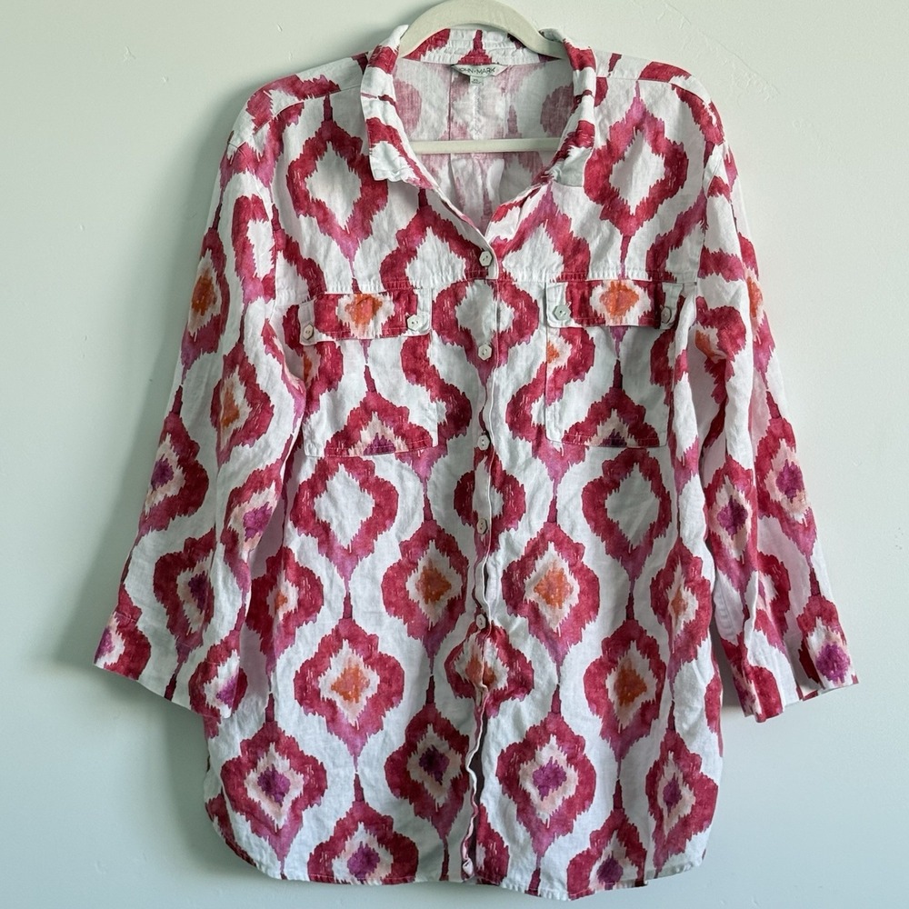 John Mark Linen Blouse Top Womens XL Geometric Coastal Bold Party Fun